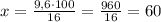 x=\frac{9,6\cdot100}{16}=\frac{960}{16}=60