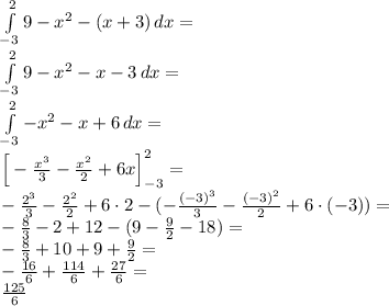  \\\int \limits_{-3}^2 9-x^2-(x+3)\, dx=\\ \int \limits_{-3}^2 9-x^2-x-3\, dx=\\ \int \limits_{-3}^2 -x^2-x+6\, dx=\\ \Big[-\frac{x^3}{3}-\frac{x^2}{2}+6x\Big]_{-3}^2=\\ -\frac{2^3}{3}-\frac{2^2}{2}+6\cdot2-(-\frac{(-3)^3}{3}-\frac{(-3)^2}{2}+6\cdot(-3))=\\ -\frac{8}{3}-2+12-(9-\frac{9}{2}-18)=\\ -\frac{8}{3}+10+9+\frac{9}{2}=\\ -\frac{16}{6}+\frac{114}{6}+\frac{27}{6}=\\ \frac{125}{6} 